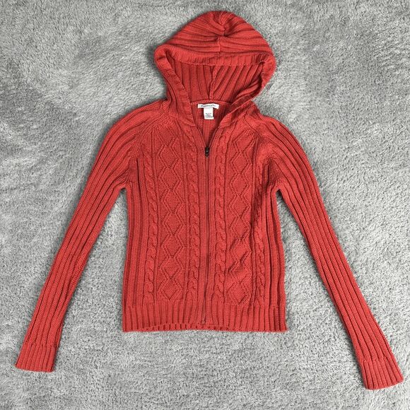 Abercrombie & Fitch Women's Long Sleeve Y2K Cable Knit Zip Sweater L Pink Hooded - Picture 1 of 10